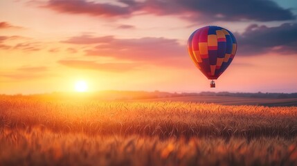 Fototapeta premium Vibrant Hot Air Balloon Soaring Over a Golden Wheat Field at Dawn – Perfect for a Sports Interior Poster or Inspiring Wall Art!