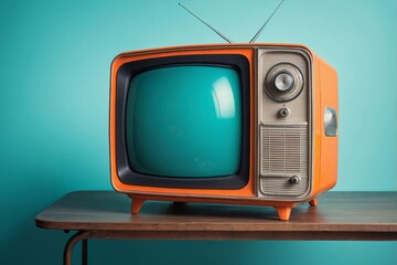 Old-fashioned orange television on wooden table with light blue background