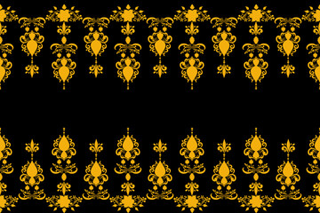 Elegant Ornamental Damask Pattern with Floral Motifs in Beige on Blue Background, Intricate Symmetrical Design Ideal for Wallpaper, Textile, and Surface Decoration, Reflecting Classic Vintage Style