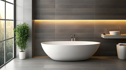 This modern bathroom showcases a freestanding bathtub illuminated by warm lighting, large windows enhancing the spacious atmosphere, and elegant gray tiles throughout
