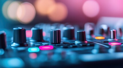 A close-up shot of a DJ audio mixing console with brightly colored knobs, buttons, and lights, used for adjusting sound levels and mixing music during live performances.