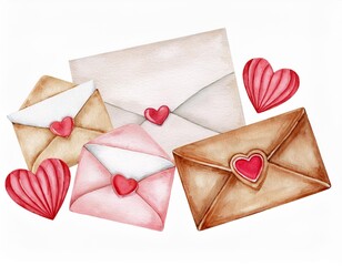 Love and Letters. Cliparts of romantic letters and envelopes. romantic compositions. Mother's Day, Valentine's Day. Hand drawn watercolor illustrations