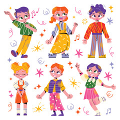 Kids singers in choir set. Cute children sing song together. Diverse vocal talented students group. Child church chorus with music performance. Flat isolated 