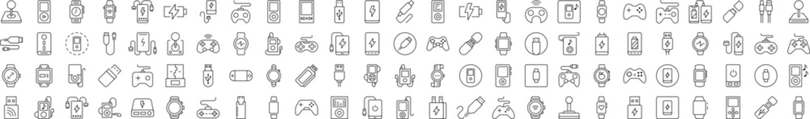 Joystick, Gamepad, Charger, Watch, Flash Card, USB Pack of Thin Icons. Editable Stroke. Suitable for Web Sites, Books, Cards, Apps
