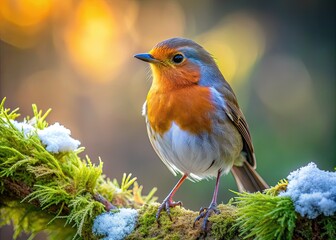 Fototapeta premium Adorable robin perched on a moss-covered branch, feathers fluffed against the morning chill, bright curious eyes scanning the forest floor for breakfast.
