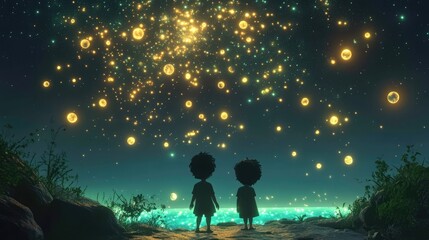 Obraz premium Whimsical 3D render of kids exploring a starry night sky with playful constellations