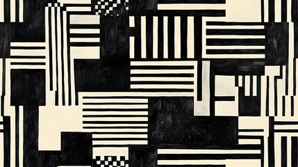 A black and white painting with a lot of different shapes and lines. The painting is a collage of different shapes and lines, and it has a very abstract and modern feel to it