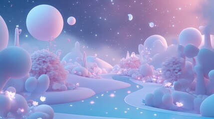 Whimsical 3D render of kids exploring a starry night sky with playful constellations