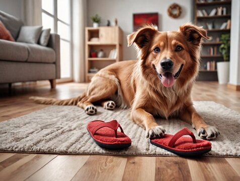 Stunning high resolution photos of playful pet with owner's slippers on floor at home