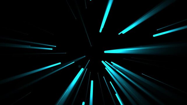 Bright rays of neon light and colorful glowing lines moving speed through the dark