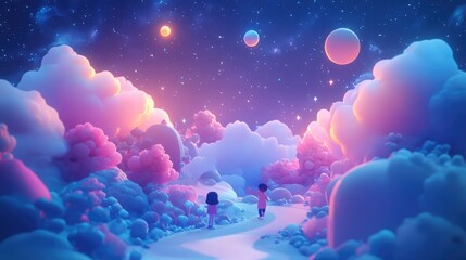 Whimsical 3D render of kids exploring a starry night sky with playful constellations