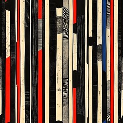 Fototapeta na wymiar A black and white striped pattern with red and blue dots. The pattern is made up of many different shapes and sizes. The image has a bold and dynamic feel, with the red