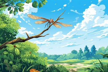 Naklejka premium Graceful dragonfly perched elegantly on a slender branch under the radiant light of day