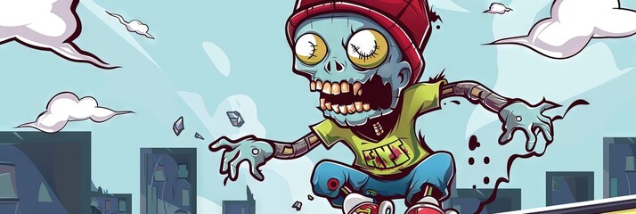 2d animation cartoon of adorable kawaii zombie, skateboarding