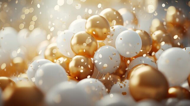 Chic gold and white balloons with confetti, perfect for a stylish and festive celebration