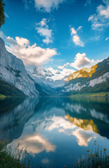 Fototapeta premium Beautiful landscape with mountain lake surrounded overlooking snowy mountains