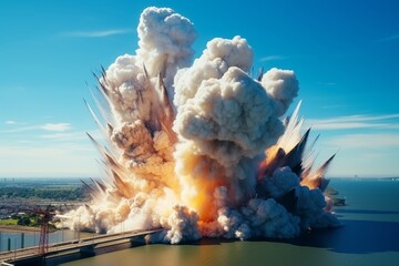Bridge obliteration resulting from intense explosion on the river crossing structure