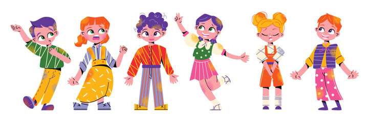 Kids singers in choir set. Cute children sing song together. Diverse vocal talented students group. Child church chorus with music performance. Flat isolated 