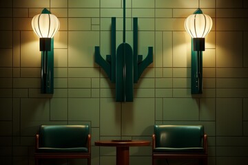 Opulent art deco backdrop with stylish, sophisticated, and elegant green wall lamps
