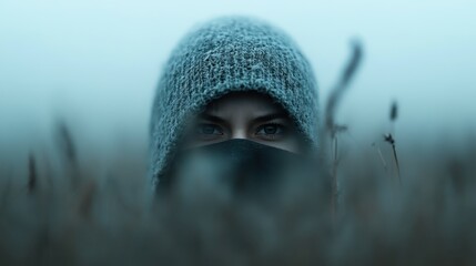 A person covered in frost, wearing a beanie while standing in a foggy, desolate field, invoking a sense of cold isolation and stark natural beauty.