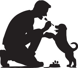 A men playing with a dog black and white silhouette