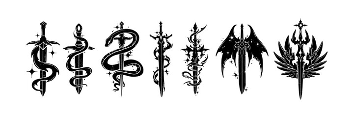 Fantasy sword tattoo set, vector linocut magic blade, dragon wings, fairy tale silhouette collection. Mystic legend snake print, spiritual medieval logotype, witchcraft sign. Sword tattoo black design © Oleksandra
