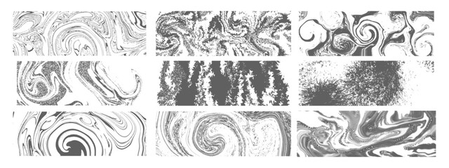 Grunge halftone texture set, vector photocopy print noise background kit, grey liquid wallpaper. Abstract wavy retro particle overlay, monochrome distressed grain template. Halftone texture collection