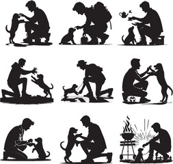 A men playing with a dog black and white silhouette collection