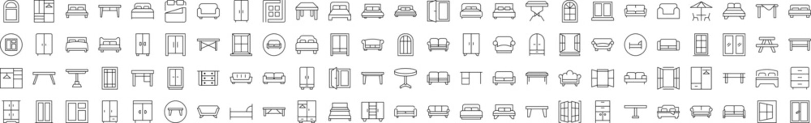 Set of Furniture Related Line Icons. Editable Stroke for Design, Web Sites, Apps, Cards. Contains Linear Images of Dresser, Couch, Sofa, Table, Window