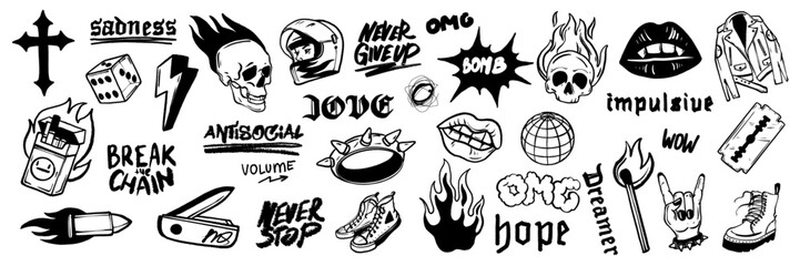 Rock music doodle icon set, grunge punk tattoo, vector hand drawn dark scribble sticker, skull, lips. Gothic emo ink line object, fire flame, urban subculture leather jacket. Hard rock doodle, cross © Oleksandra