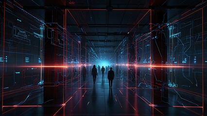 Fototapeta premium Create a futuristic network or data visualization scene with a dark, high-tech aesthetic
