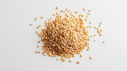 White sesame seeds scattered on a white surface