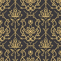 A seamless pattern featuring intricate gold geometric shapes on a dark background.