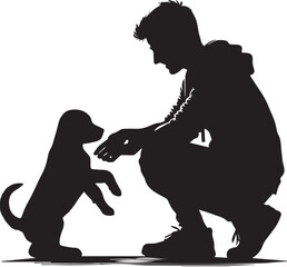 A men playing with a dog black and white silhouette