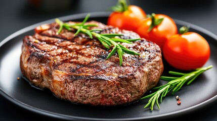 Juicy ribeye steak garnished with vibrant herbs and accompanied by fresh tomatoes, served elegantly to highlight its rich textures and flavors