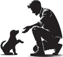 A men playing with a dog black and white silhouette