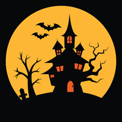 Spooky Halloween vector with haunted house, full moon, and bats in bold, chilling silhouettes.
