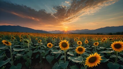 A field of vibrant sunflowers, their petals reaching towards the sun as it sets behind the mountains in the distance. The warm hues of orange and yellow are contrasted by the cool blues of the sky, cr