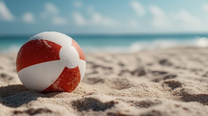 Obraz premium A vibrant red and white beach ball resting on the sandy shore near the ocean on a bright, sunny day, capturing the essence of summer fun and relaxation.