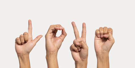 Deaf alphabet letter love by hand. The letter 'Love' in sign language, isolated on a white...