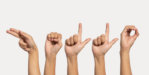 Deaf alphabet letter hello by hand. The letter 'Hello' in sign language, isolated on a white...