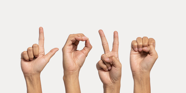 Deaf alphabet letter love by hand. The letter 'Love' in sign language, isolated on a white background. Hand movements. hearing disorders. language that uses the visual manual modality.