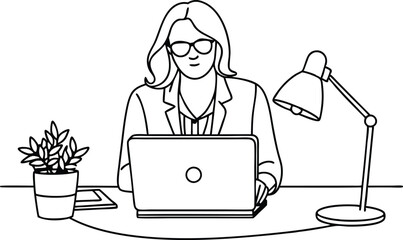 A woman working in office illustration black and white