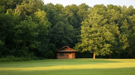 A serene wooden cabin nestled in a lush green landscape, surrounded by tall trees and a peaceful atmosphere.