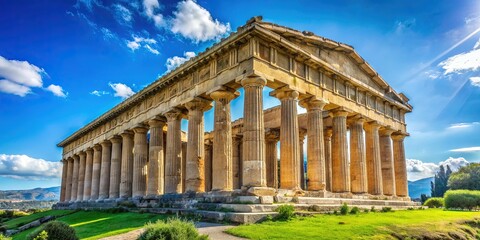 Obraz premium Ancient ruins of a Greek temple stand proudly against a bright blue sky, surrounded by lush greenery and a few scattered tourists.