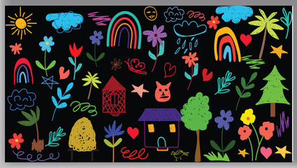 Cute kid scribble line flower, heart. rainbow background. Hand drawn doodle sketch childish element pattern