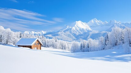 Fototapeta premium A tranquil winter landscape featuring a cozy cabin surrounded by snow-covered mountains and clear blue skies.