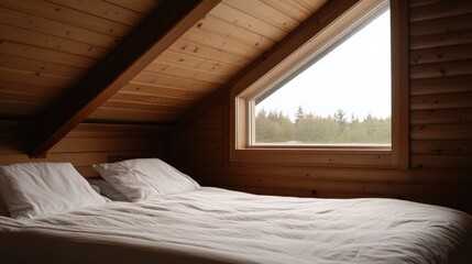 Cozy bedroom with wooden walls, a comfortable bed, and a large window overlooking a serene forest, perfect for relaxation.