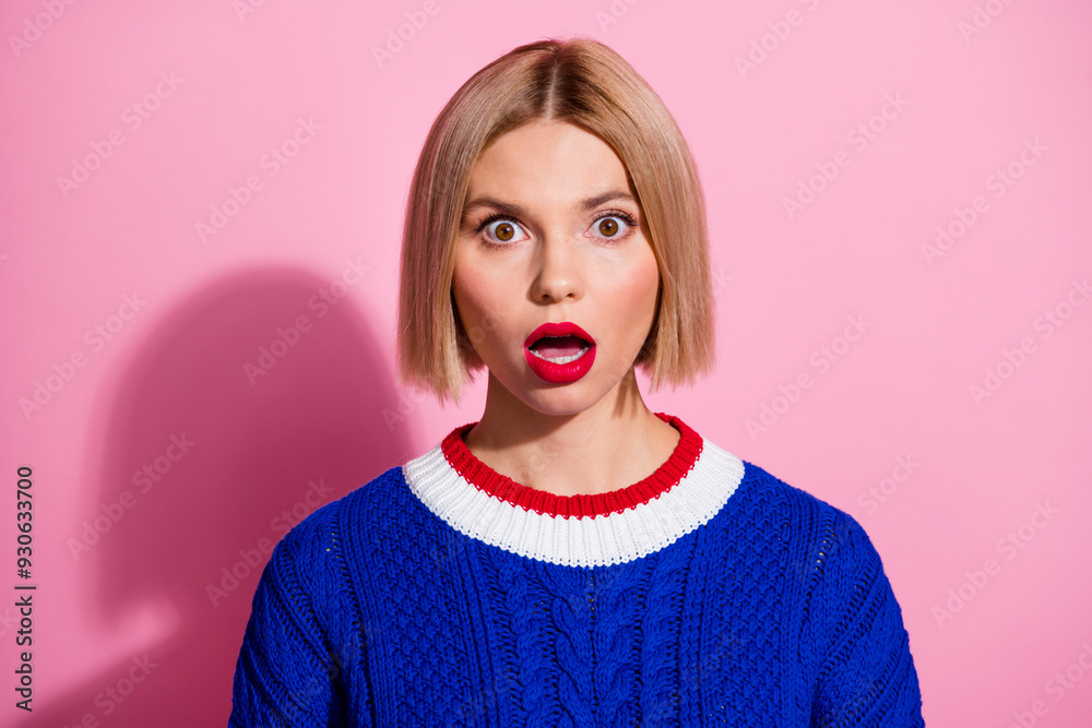 Sticker photo portrait of attractive young woman open mouth shocked terrified face wear trendy blue clothes 