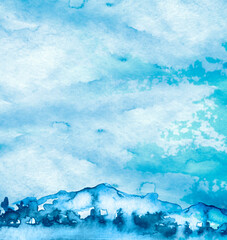 Watercolor drawing with a mountain landscape. The peak of the mountain, forest, pine. Watercolor hill, hillock.Summer, autumn landscape.Abstract paint splash. Island by the sea. mountain and greenery